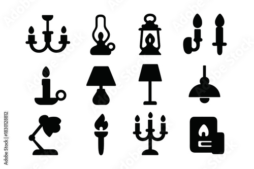 Vintage Lighting Icons. Vintage Lighting. Solid icon set of chandelier, oil lamp, lantern, wall sconce, candle holder, table lamp, floor lamp, hanging lamp,