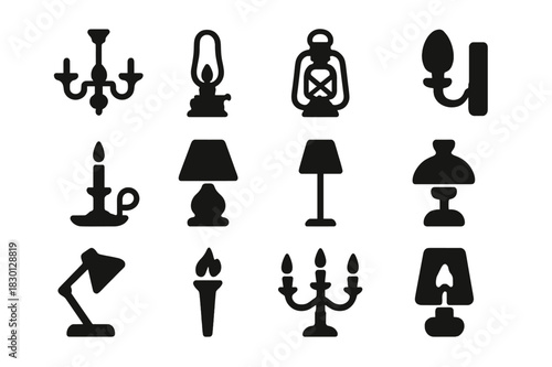 Vintage Lighting Icons. Vintage Lighting. Solid icon set of chandelier, oil lamp, lantern, wall sconce, candle holder, table lamp, floor lamp, hanging lamp,