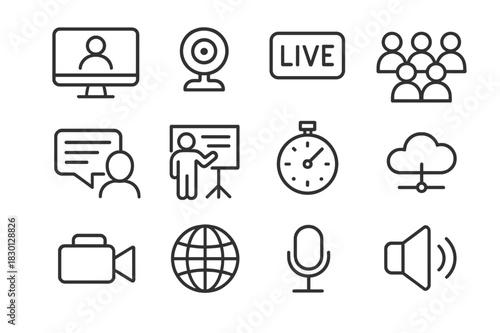 Virtual Event Icons. Virtual event. Line icon set of virtual event: computer screen, webcam, microphone, live stream, audience avatar, chat window,