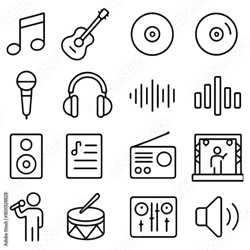 Melody of Icons: A collection of musical icons, meticulously depicted in a clean, graphic style, harmoniously blend to create a visual symphony for music lovers and creative projects.