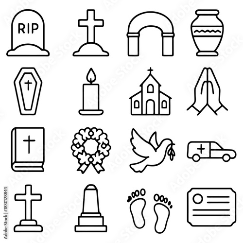 Funeral Icons: A collection of simple, yet poignant icons symbolizing the core elements associated with mourning, loss, and remembrance, each a tribute to the memory of loved ones.