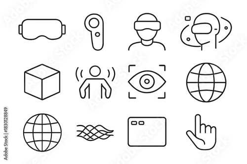 Virtual Reality Icon Set. Virtual reality. Line icon set of virtual reality: VR headset, controller, avatar, digital world, 3D cube, motion sensors, eye scan,