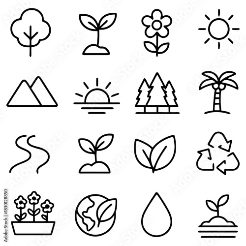 Nature's Iconography: A collection of simple, elegant icons representing diverse facets of the natural world, from majestic trees to the gentle flow of water and the symbol of recycling.