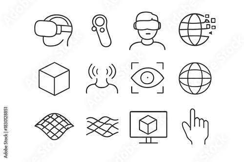 Virtual Reality Icon Set. Virtual reality. Line icon set of virtual reality: VR headset, controller, avatar, digital world, 3D cube, motion sensors, eye scan,