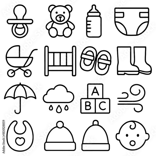 Essential Newborn Essentials: An array of adorable icons represent the quintessential needs and comforts for a newborn, symbolizing the core of infancy and new beginnings.