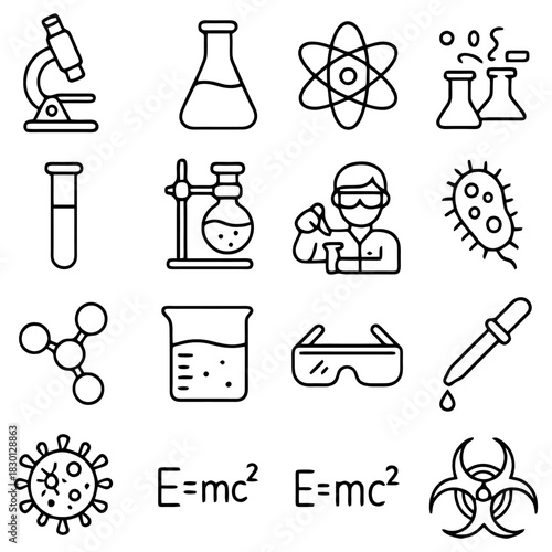 Science Icons Collection: A collection of various science icons, with microscope, flask, atom, test tube and scientist represent a world of scientific discovery and experimentation.