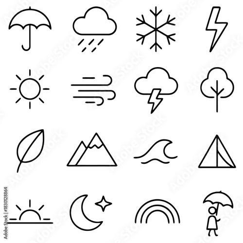 Weather Icons: A minimalist representation of diverse weather conditions and elements, perfect for illustrating climate, forecasts, and environmental themes.