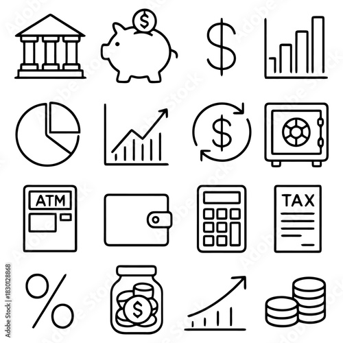 Financial Icons Collection: A curated set of elegant, minimalistic black line icons representing various facets of finance and economics, suitable for visual communication.