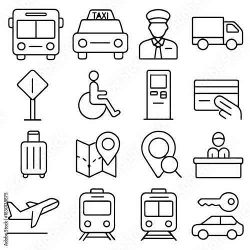 Travel Icon Array: A collection of meticulously crafted travel icons, designed with sleek simplicity, illustrating various aspects of travel.