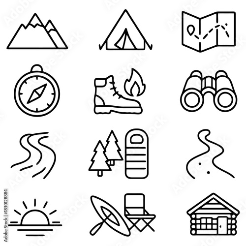 Outdoor Adventure Elements: A collection of meticulously crafted line art icons encapsulates the essence of outdoor adventure.
