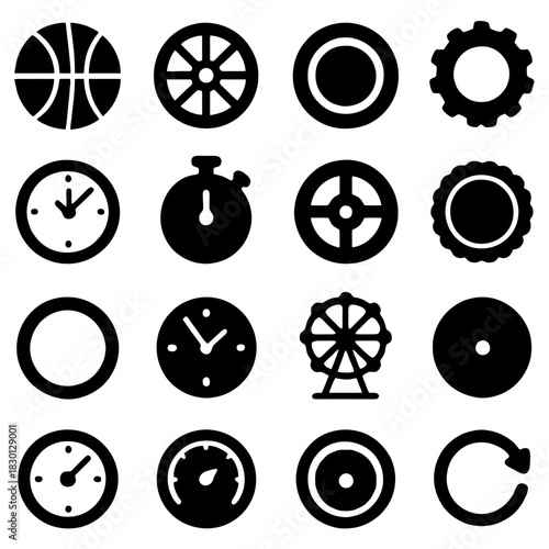 Iconic Collection: A concise set of various symbol depicting a basketball, gear, clock, and wheel providing versatile design elements for conceptual projects.