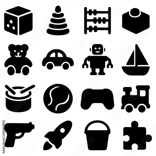 Toy Icons Set: An assortment of playful toy icons in a clean, minimalist style. From classic blocks and stacking rings to cars and robots, perfect for design needs.