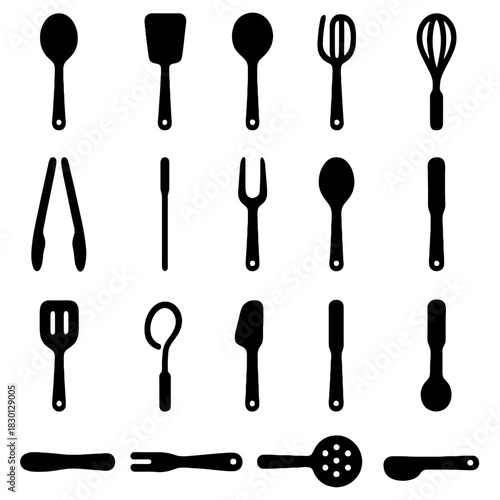 Kitchen Utensil Set: A comprehensive collection of essential kitchen utensils, ready for culinary creations. Each silhouette represents a tool perfect for any cooking task.