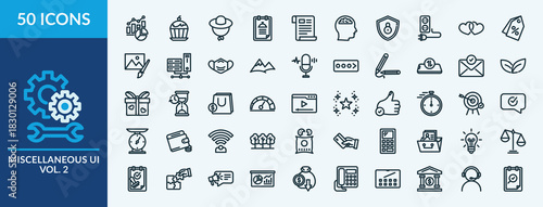 Miscellaneous UI vol. 2 icon set. Containing love, percent, image, server, mask and more. Outline vector icons collection
