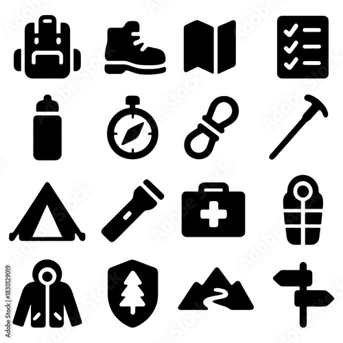 Essentials for Adventure: This illustration depicts essential equipment for outdoor escapades. The gear is laid out for hiking, camping, exploration and travel.