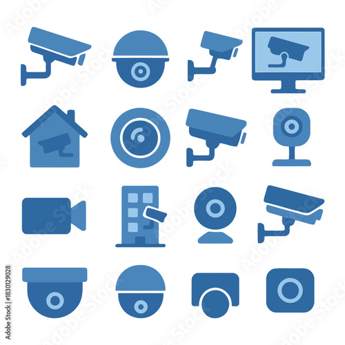 Security Camera Array: A comprehensive collection of security camera icons and symbols, ideal for projects related to surveillance and safety. Demonstrating modern security systems and vigilance.