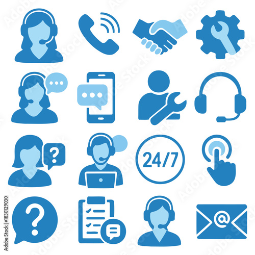 Customer Support Icons: A collection of concise icons elegantly portray various facets of customer support, encompassing communication, assistance, and problem-solving.