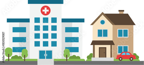 Vector illustration of a hospital building and a residential house with a car.