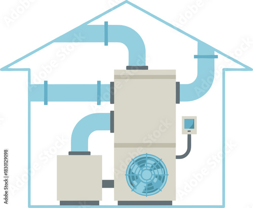 Vector illustration of a home HVAC system with furnace and ductwork.