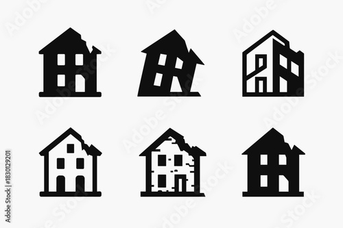 Abandoned Building Icons. Abandoned building. Icon set. Set Logo of abandoned building: decayed rooftop. harmonious logo variations of the same emblematic