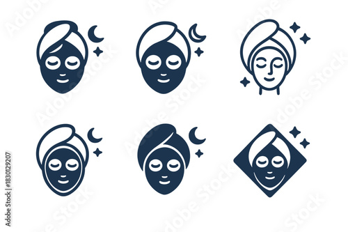 Skincare Icon Logos. Creating a night-time skincare routine. Icon set. Set Logo of skincare: facial mask treatment. harmonious logo variations of the same