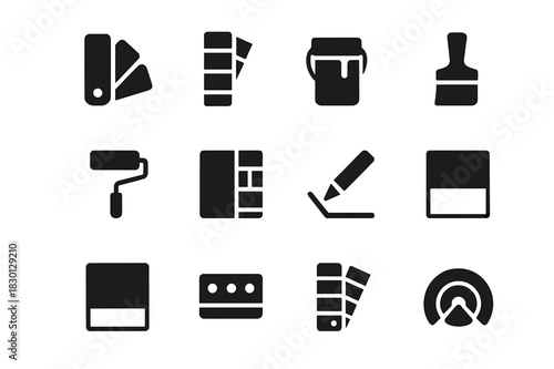 Color Selection Icons. Color selection. Solid icon set of Color selection: color palette, swatch card, paint can, brush, roller, wall section, pencil mark,