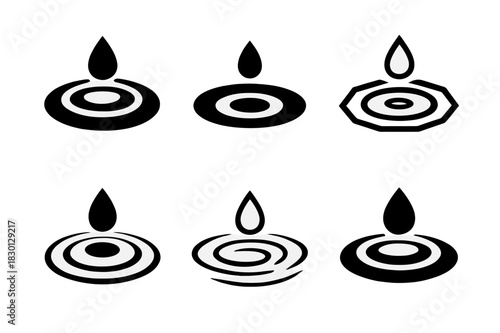 Ripple Logo Variations. Ripple. Icon set. Set Logo of ripple: water ripple with droplet above. harmonious logo variations of the same emblematic concept, each