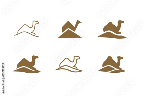 Desert Dunes Emblem Variation. Desert dunes. Icon set. Set Logo of desert dunes: camel silhouette on dune. harmonious logo variations of the same emblematic
