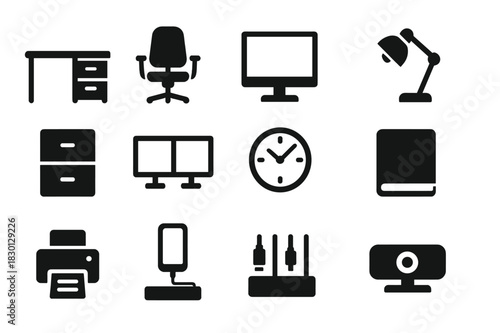 Home Office Essentials. Building a professional home office. Solid icon set of Building a professional home office: office desk, ergonomic chair, desktop