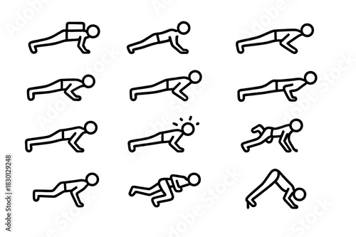 Push-Up Icon Collection. Strength & Conditioning. Line icon set of Strength & Conditioning: weighted push-up, one-arm push-up, standard push-up, diamond