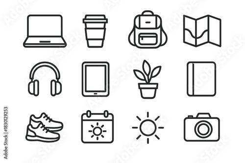 Digital Nomad Icons. Digital Nomad Day. Line icon set of Digital Nomad Day: laptop, coffee cup, backpack, map, headphones, tablet, plant, notebook, walking