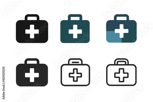First Aid Logo Set. First aid training courses. Icon set. Set Logo of first aid: first aid kit with cross. harmonious logo variations of the same emblematic
