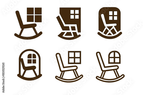 Rocking Chair Icons. Rocking chair by the window. Icon set. Set Logo of rocking chair: stylized rocking chair icon. harmonious logo variations of the same