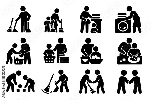 Family Chore Icons. Parents helping child with chores. Solid icon set of Parents helping child with chores: parent figure, child figure, broom, dustpan, mop,