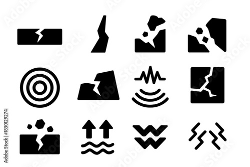 Ground Effects Icons. Ground effects. Solid icon set of Ground effects: cracks, fissures, soil shift, rock displacement, landslide icon, ripple lines, ground