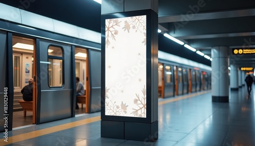 Subway station with empty advertising panel and approaching train  