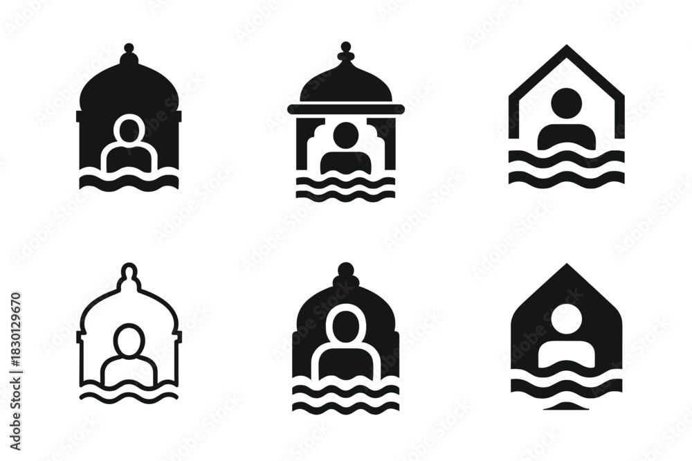 Obraz premium Hygiene Icon Set. Cultural approaches to hygiene. Icon set. Set Logo of cultural hygiene: public bathhouse icon. harmonious logo variations of the same