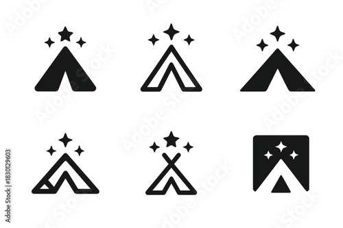 Traveler Logo Variations. Traveler. Icon set. Set Logo of traveler: camping tent and stars. harmonious logo variations of the same emblematic concept, each
