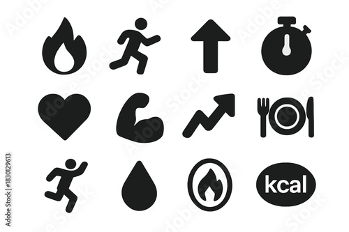 Calorie Burning Icons. Calorie burning. Solid icon set of Calorie burning: fire icon, running figure, flame, upward arrow, stopwatch, heart, muscle, energy