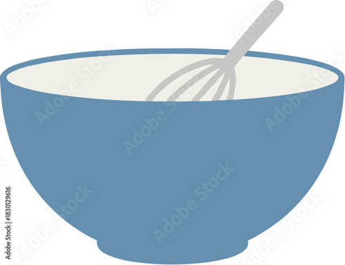 Simple vector illustration of a blue mixing bowl and whisk.