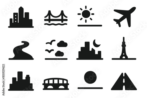 City Skyline Icons. Skyline Horizon. Solid icon set of Skyline Horizon: tall buildings, bridge, sun, plane, river, birds, clouds, car lights, city silhouette,