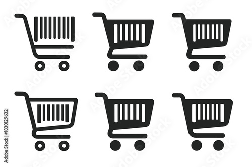 Cart Logo Variations. Cart. Icon set. Set Logo of cart: checkout cart with barcode. harmonious logo variations of the same emblematic concept, each with