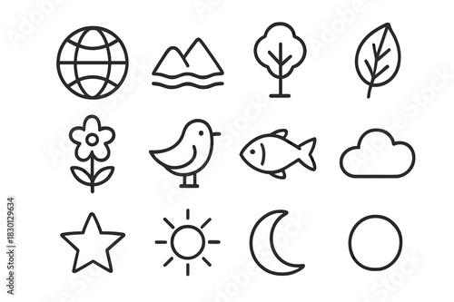 Earth's Essence Icons. Life on Earth. Line icon set of Life on Earth: globe, mountain, river, tree, leaf, flower, bird, fish, cloud, star, sun, moon. All