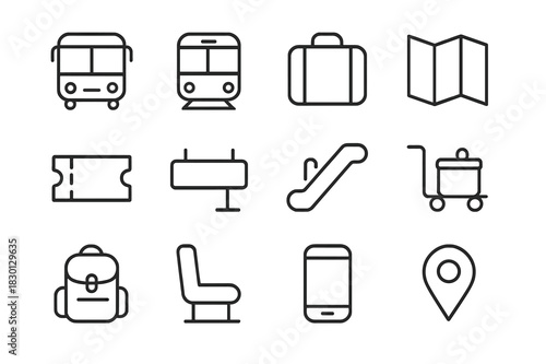 Transport Icon Set. Public transport travel. Line icon set of public transport travel: bus, train, suitcase, map, ticket, station sign, escalator, trolley,