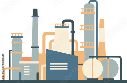Flat vector illustration of an industrial factory plant complex.