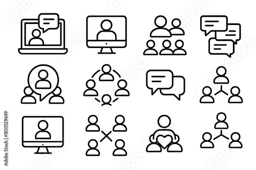 Online Support Icons. Online support group. Line icon set of online support group: laptop with chat, video call icon, remote group, online forum, digital