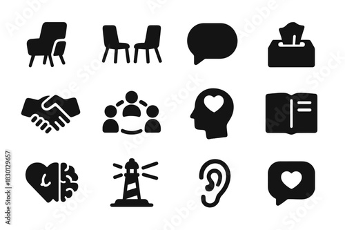 Therapy Icon Set. Therapy and support. Solid icon set of Therapy and support: therapist chair, two chairs facing, speech bubble, tissues box, supportive