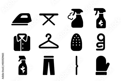 Ironing Station Icons. Ironing station. Solid icon set of Ironing station: iron, ironing board, steam iron, spray bottle, folded shirt, hanger hook, iron rest,