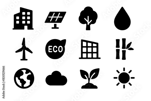 Eco Architecture Icons. Eco Architecture. Solid icon set of Eco Architecture: building, solar panel, tree, water droplet, wind turbine, eco badge, glass wall,