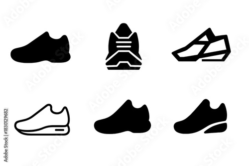 Fitness Shoe Icons. Fitness. Icon set. Set Logo of fitness: running shoe icon. harmonious logo variations of the same emblematic concept, each with different